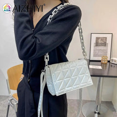 Women PU Leather Checker Pattern Shoulder Bag Chain Handbag Flap Purse