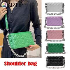 Women PU Leather Checker Pattern Shoulder Bag Chain Handbag Flap Purse