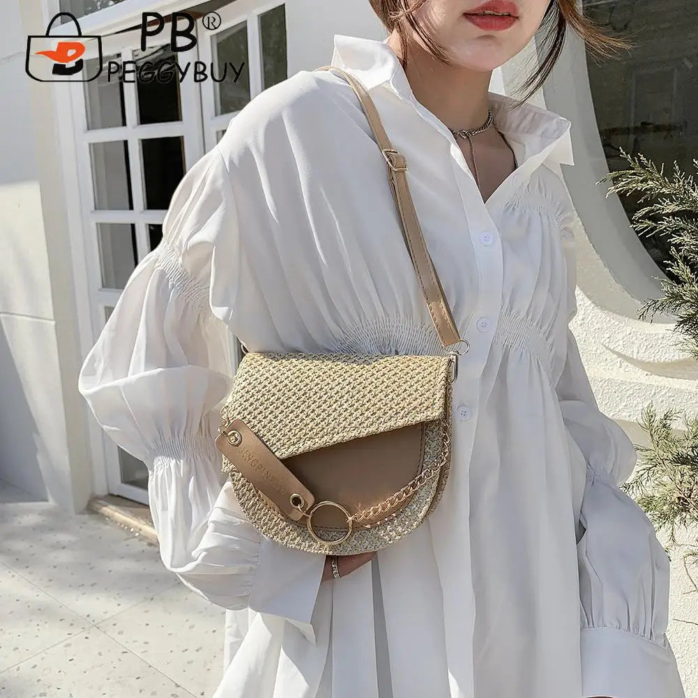 Women PU Leather Woven Patchwork Shoulder Crossbody Saddle Bag Casual All-match
