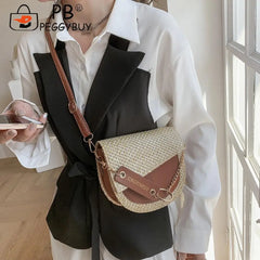 Women PU Leather Woven Patchwork Shoulder Crossbody Saddle Bag Casual All-match