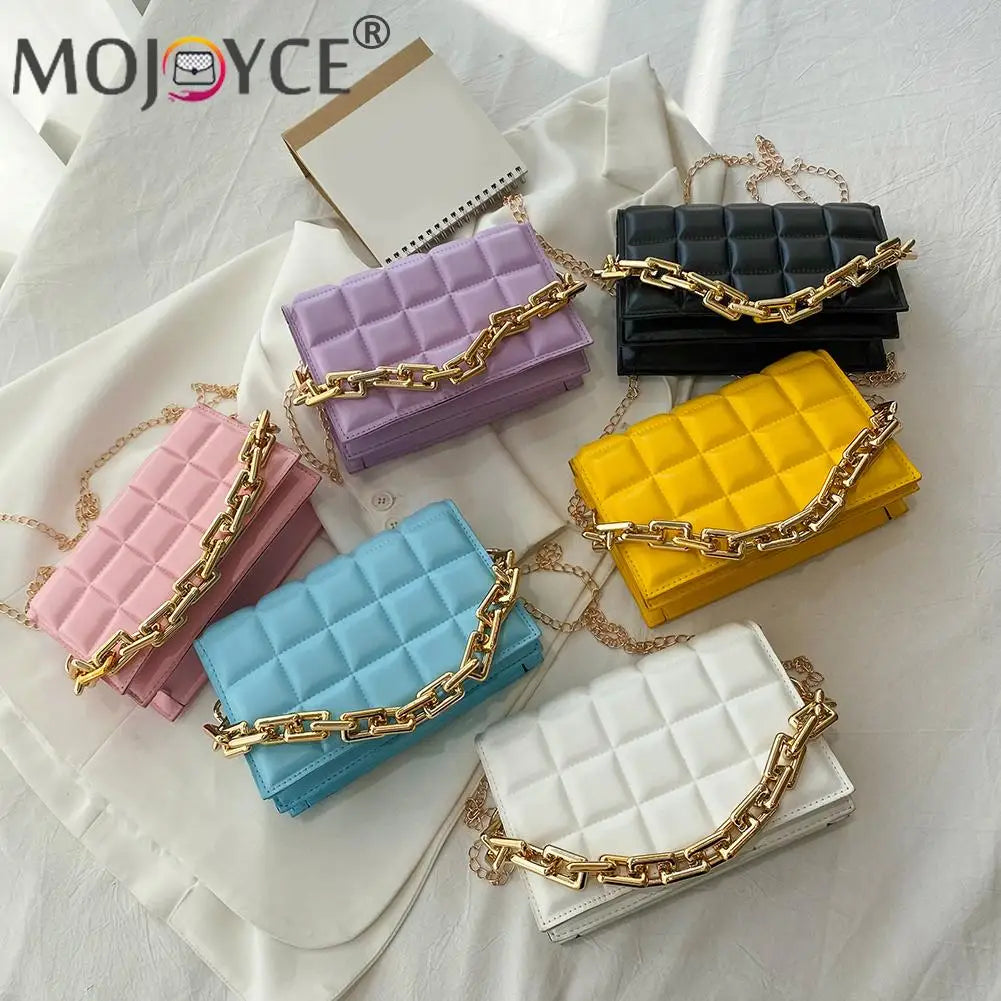 Women PU Messenger Bag Casual Thick Chain Checker Pattern Flap Handbag