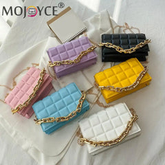 Women PU Messenger Bag Casual Thick Chain Checker Pattern Flap Handbag