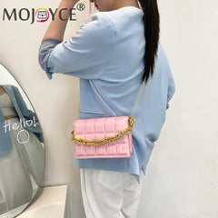 Women PU Messenger Bag Casual Thick Chain Checker Pattern Flap Handbag