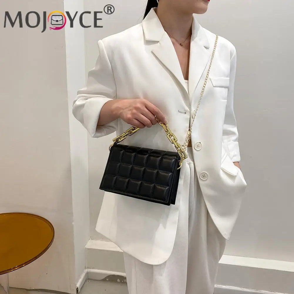 Women PU Messenger Bag Casual Thick Chain Checker Pattern Flap Handbag