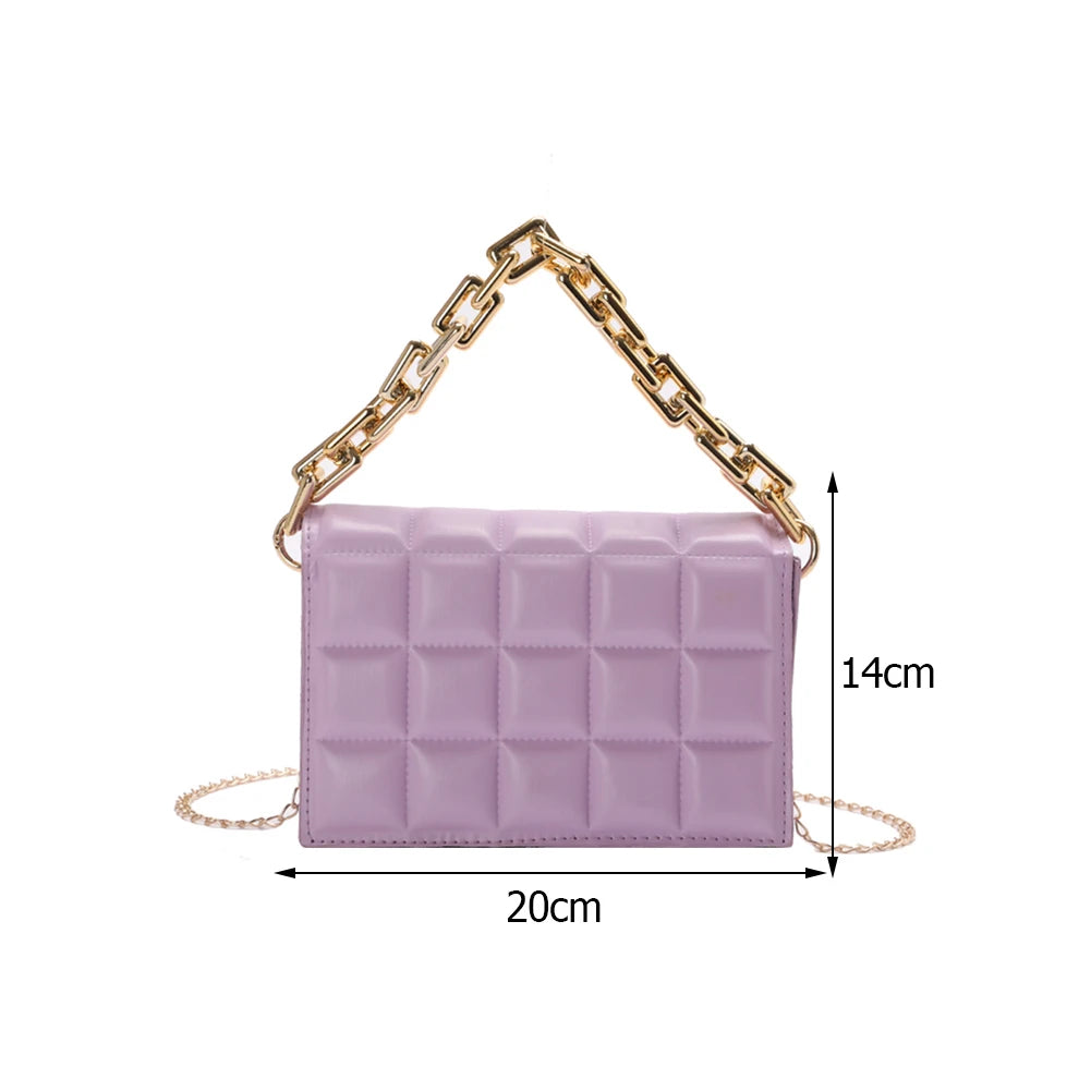 Women PU Messenger Bag Casual Thick Chain Checker Pattern Flap Handbag