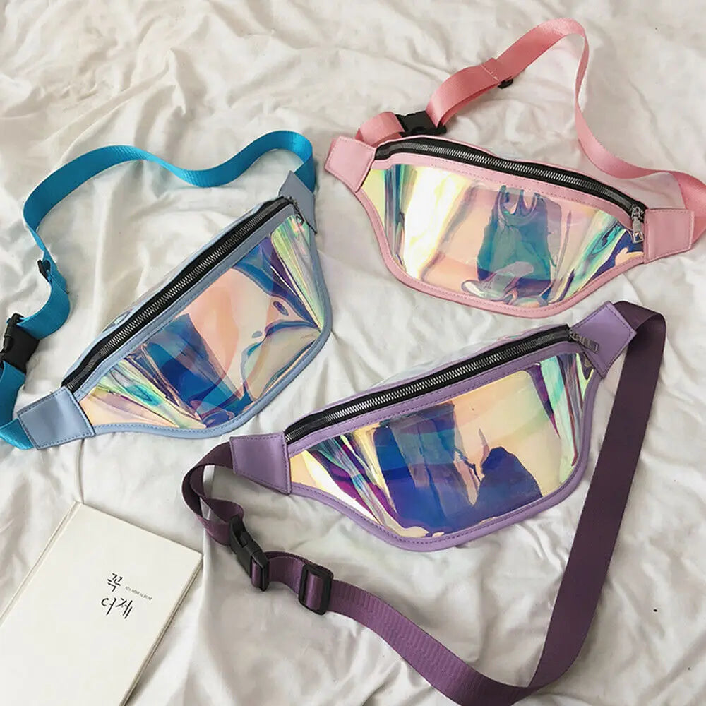 Women PVC Waterproof Laser Zipper Fanny Pack Waist Bag