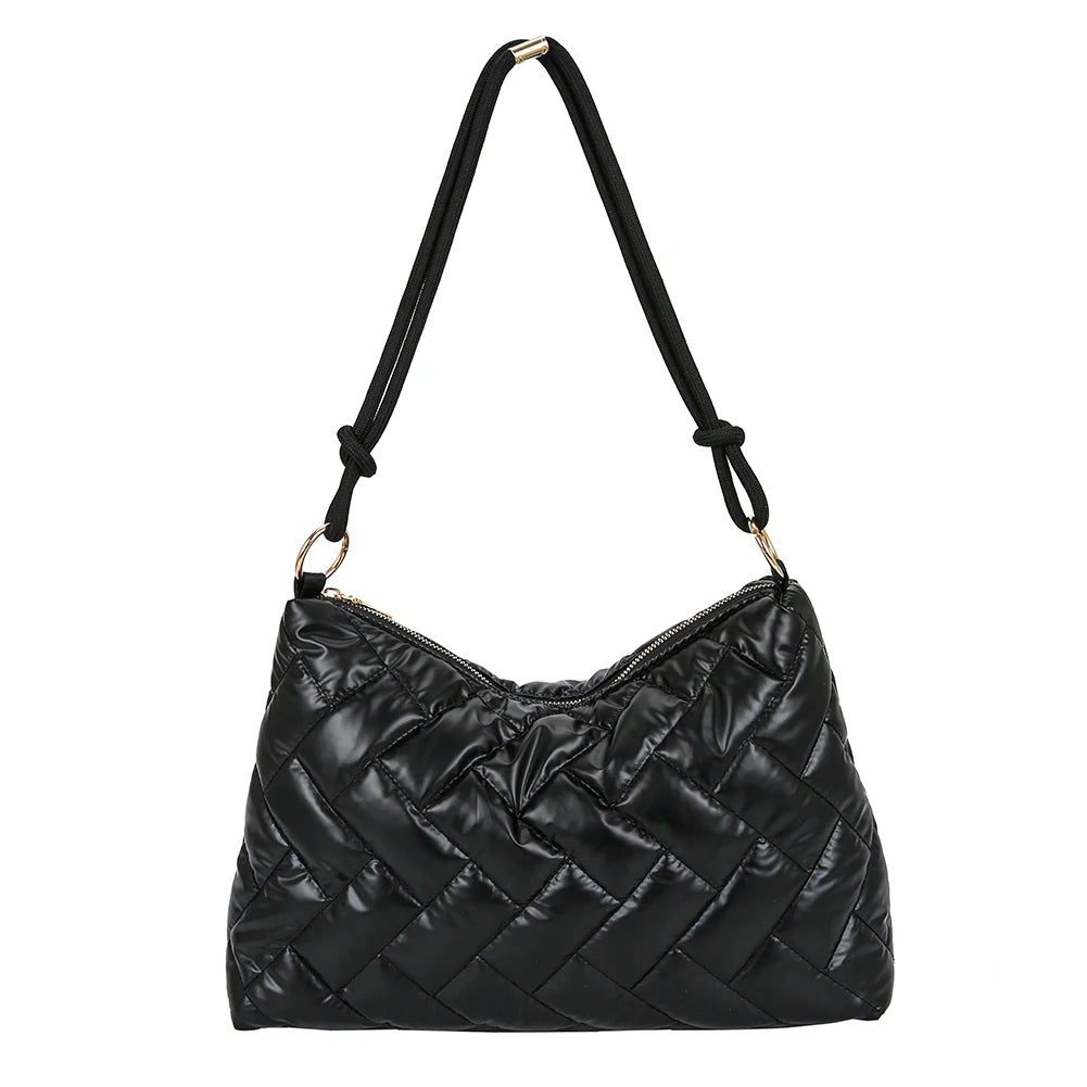 Women Padded Nylon Shoulder Space Bag Portable Travel Solid Quilted Lattice Patt