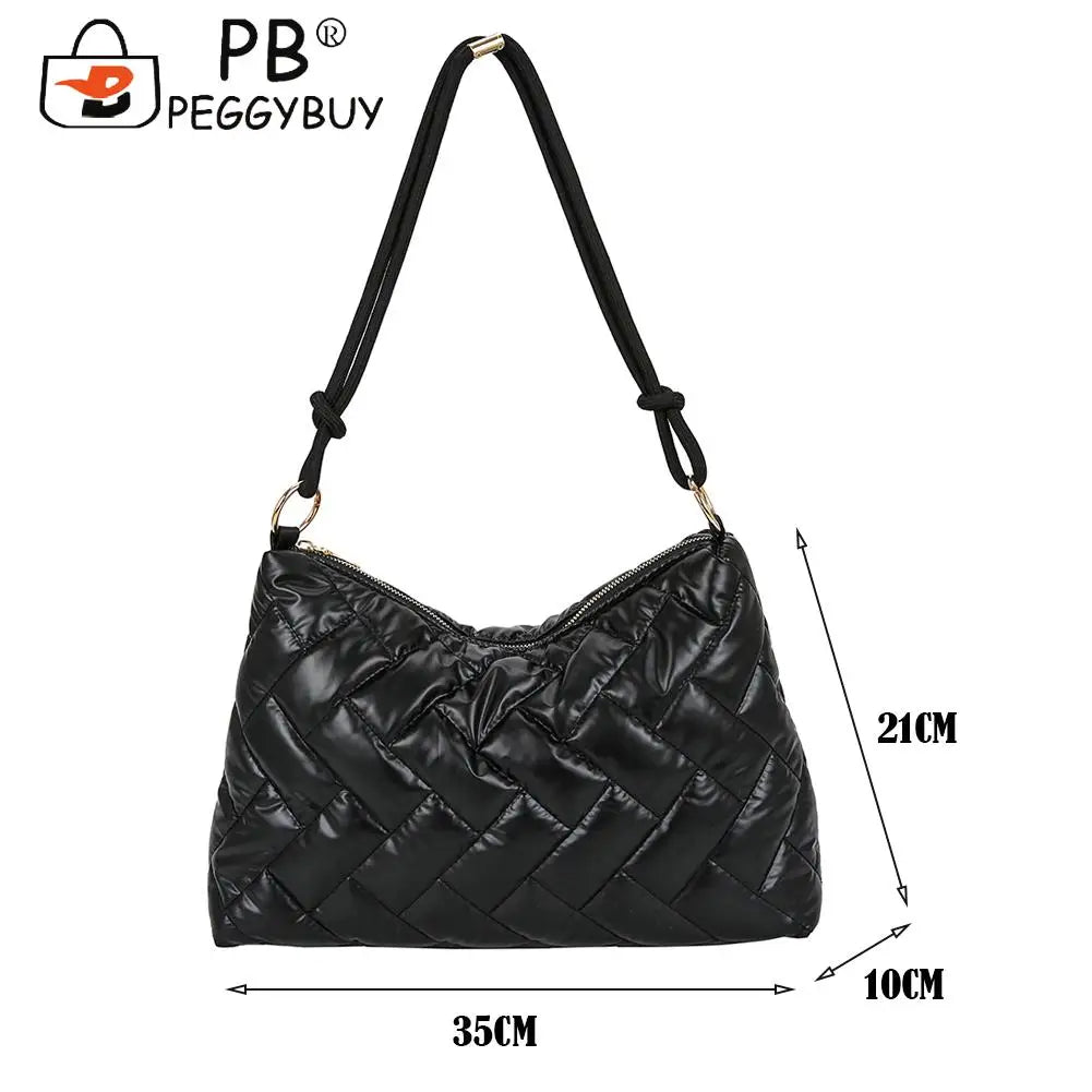 Women Padded Nylon Shoulder Space Bag Portable Travel Solid Quilted Lattice Patt