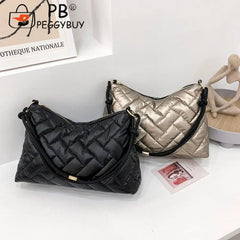 Women Padded Nylon Shoulder Space Bag Portable Travel Solid Quilted Lattice Patt