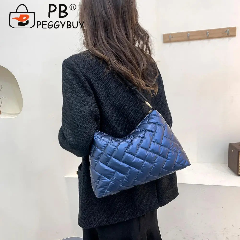 Women Padded Nylon Shoulder Space Bag Portable Travel Solid Quilted Lattice Patt