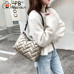 Women Padded Nylon Shoulder Space Bag Portable Travel Solid Quilted Lattice Patt