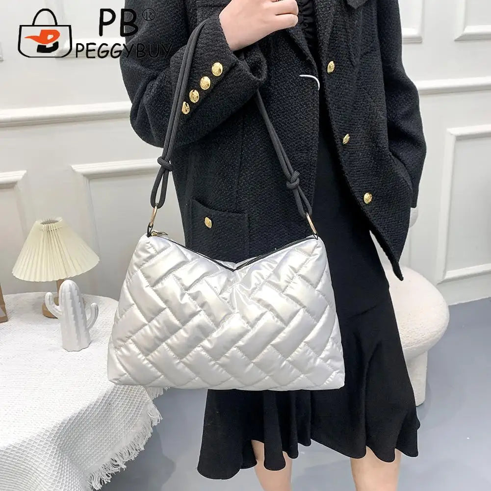 Women Padded Nylon Shoulder Space Bag Portable Travel Solid Quilted Lattice Patt