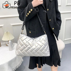 Women Padded Nylon Shoulder Space Bag Portable Travel Solid Quilted Lattice Patt