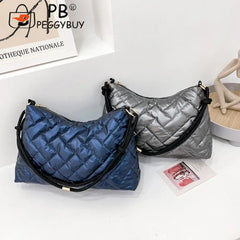 Women Padded Nylon Shoulder Space Bag Portable Travel Solid Quilted Lattice Patt