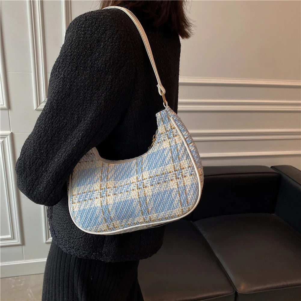 Women Plaid Print PU Leather Canvas Shoulder Bag Small Hobos Purse Handba