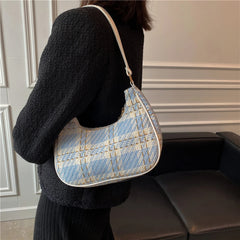 Women Plaid Print PU Leather Canvas Shoulder Bag Small Hobos Purse Handba