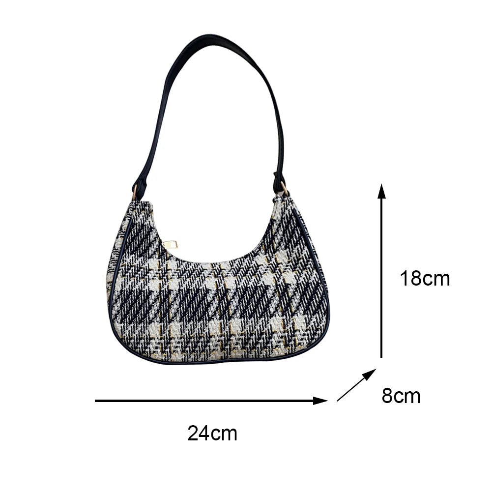 Women Plaid Print PU Leather Canvas Shoulder Bag Small Hobos Purse Handba
