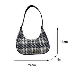 Women Plaid Print PU Leather Canvas Shoulder Bag Small Hobos Purse Handba