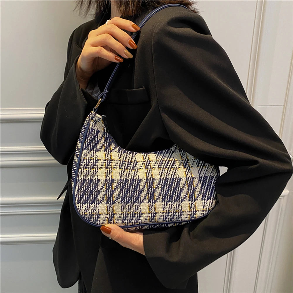Women Plaid Print PU Leather Canvas Shoulder Bag Small Hobos Purse Handba