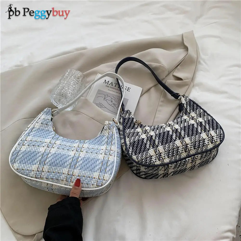Women Plaid Print PU Leather Canvas Shoulder Bag Small Hobos Purse Handba