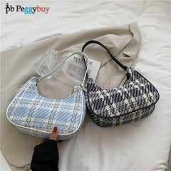 Women Plaid Print PU Leather Canvas Shoulder Bag Small Hobos Purse Handba