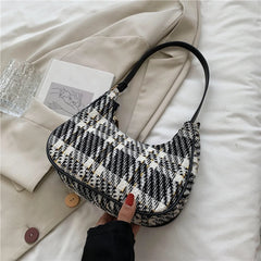 Women Plaid Print PU Leather Canvas Shoulder Bag Small Hobos Purse Handba