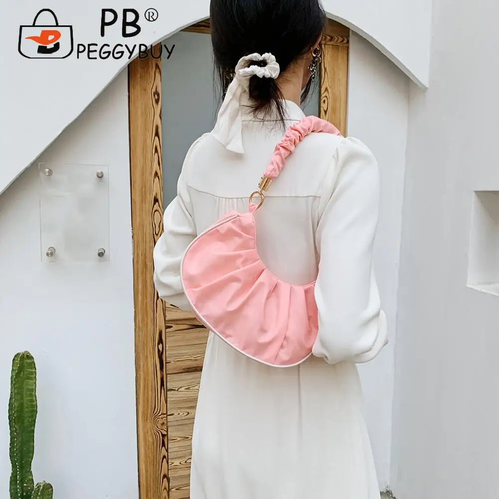Women Pleated Underarm Bag Travel Nylon Top-handle Handbag