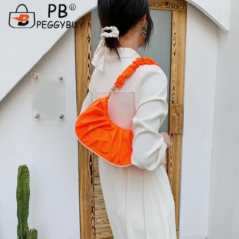 Women Pleated Underarm Bag Travel Nylon Top-handle Handbag