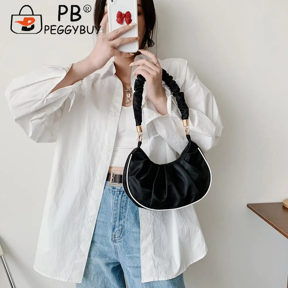 Women Pleated Underarm Bag Travel Nylon Top-handle Handbag