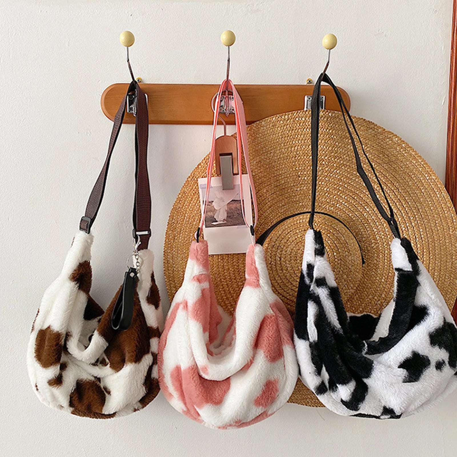 Heart Pattern Plush Shoulder Bag Fuzzy Tote Handbag for Ladies