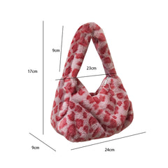 Heart Pattern Plush Shoulder Bag Fuzzy Tote Handbag for Ladies
