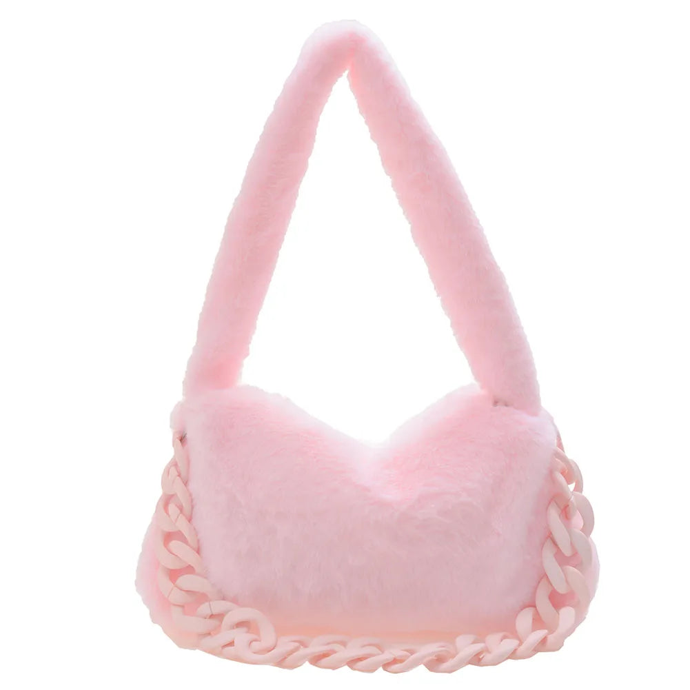 Soft Fluffy Shoulder Bag with Handle Chain for Women