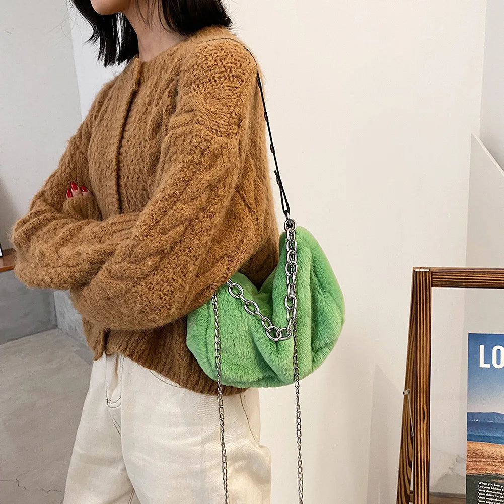Women Plush Shoulder Top-handle Bag Chain Totes Shopping Bag