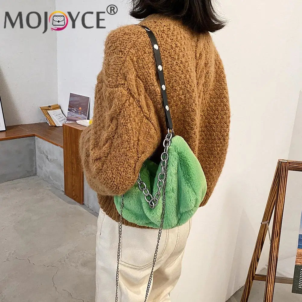 Women Plush Shoulder Top-handle Bag Autumn Messenger Purse Chain Totes Shopping