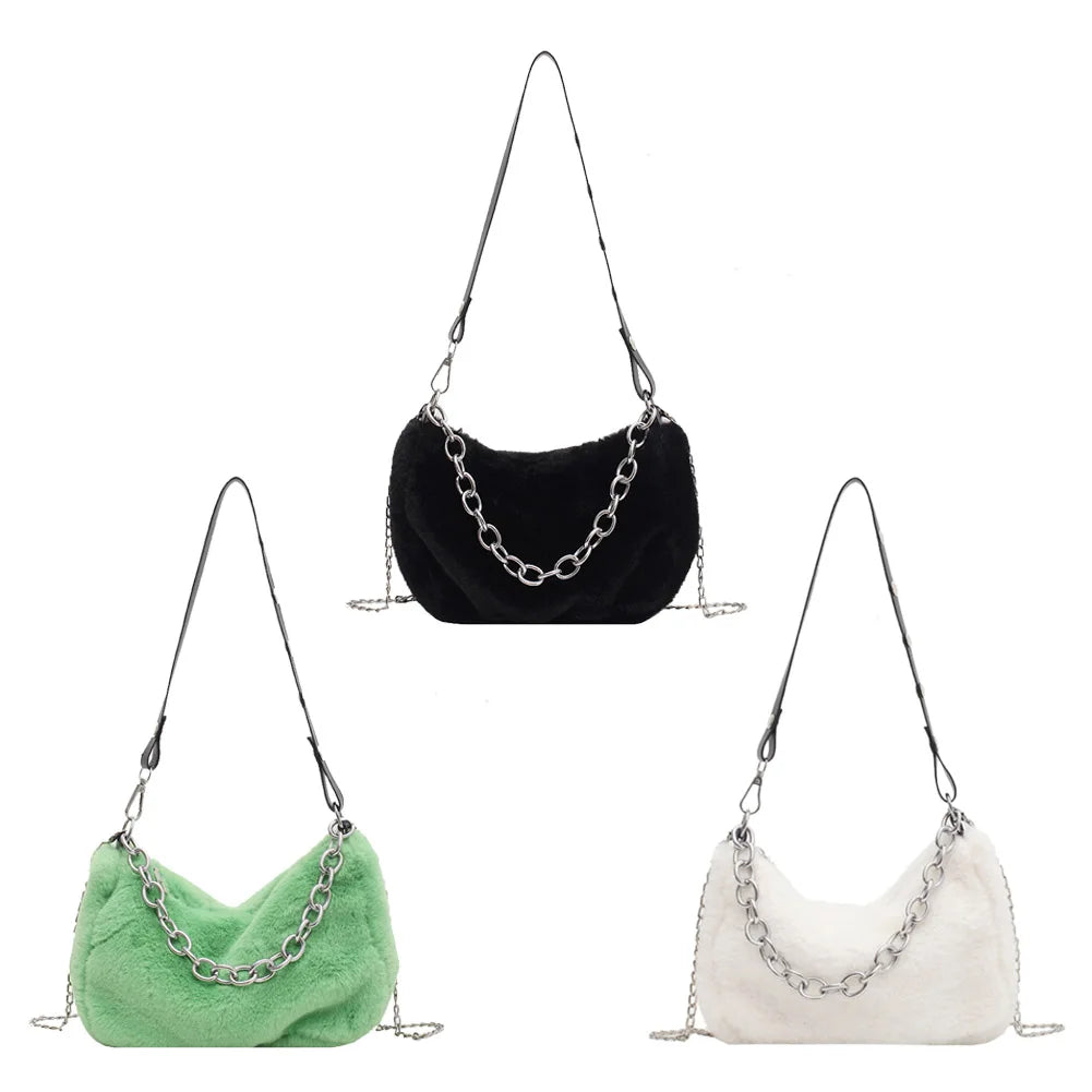 Women Plush Shoulder Top-handle Bag Chain Totes Shopping Bag