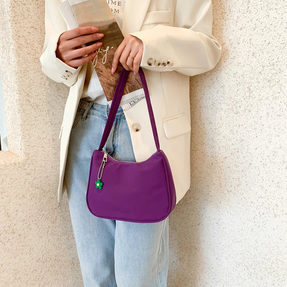 Casual Nylon Underarm Bag with Flower Pendant Tote Purse