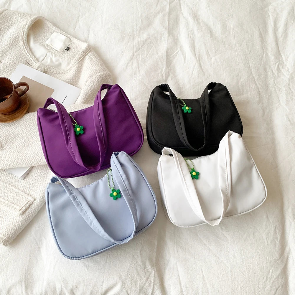 Casual Nylon Underarm Bag with Flower Pendant Tote Purse