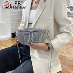 Women Rhinestone Waist Bag Fanny Chest Pack Bling Chain Crossbody Pouch