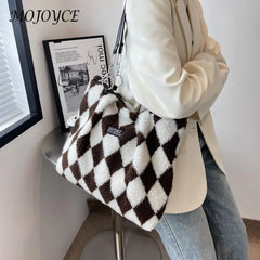 Checkerboard Print Plush Shoulder Bag for Women