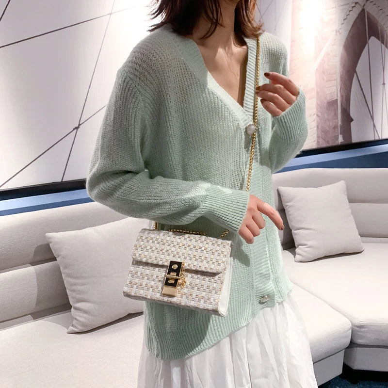 Vintage Plaid Knitting Crossbody Bag Chain Female Handbag