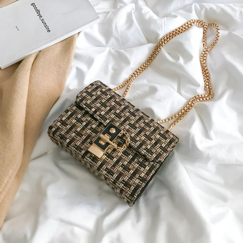Vintage Plaid Knitting Crossbody Bag Chain Female Handbag
