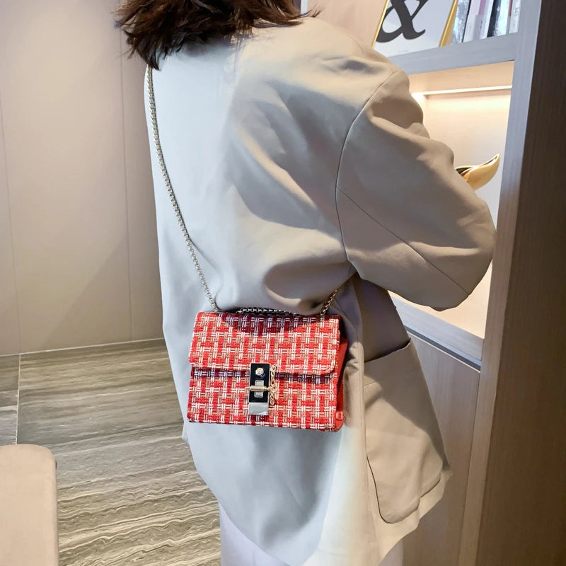 Vintage Plaid Knitting Crossbody Bag Chain Female Handbag