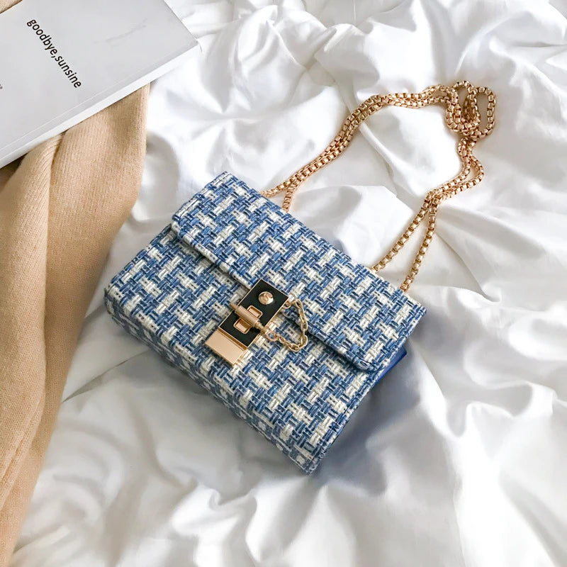 Vintage Plaid Knitting Crossbody Bag Chain Female Handbag