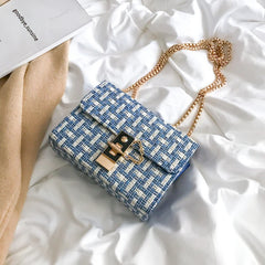 Vintage Plaid Knitting Crossbody Bag Chain Female Handbag