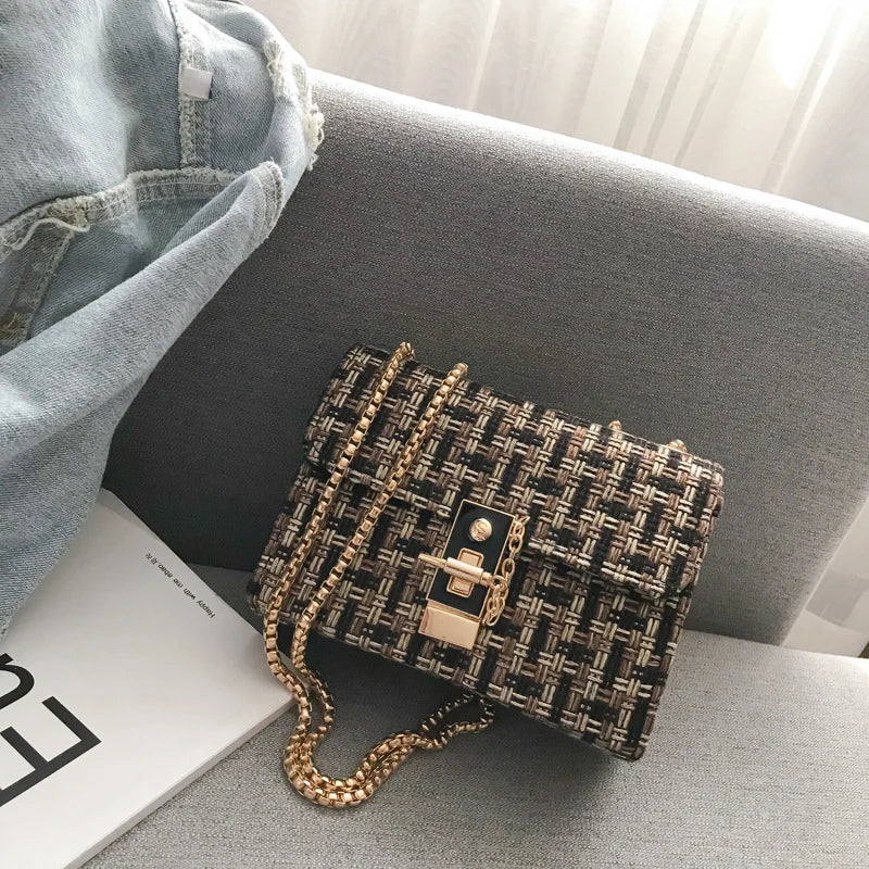 Vintage Plaid Knitting Crossbody Bag Chain Female Handbag