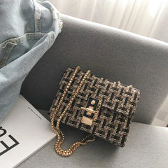 Vintage Plaid Knitting Crossbody Bag Chain Female Handbag