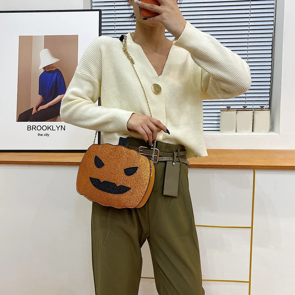 Funny Pumpkin Shape Shoulder Bag Chain Purse Glitter Crossbody Bag