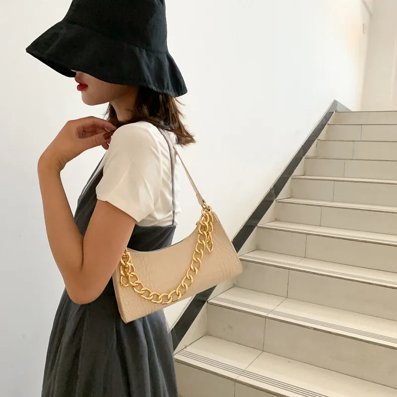 Women Shoulder Bag Leather Chain Handbags Crocodile Pattern Totes Armpit Bag