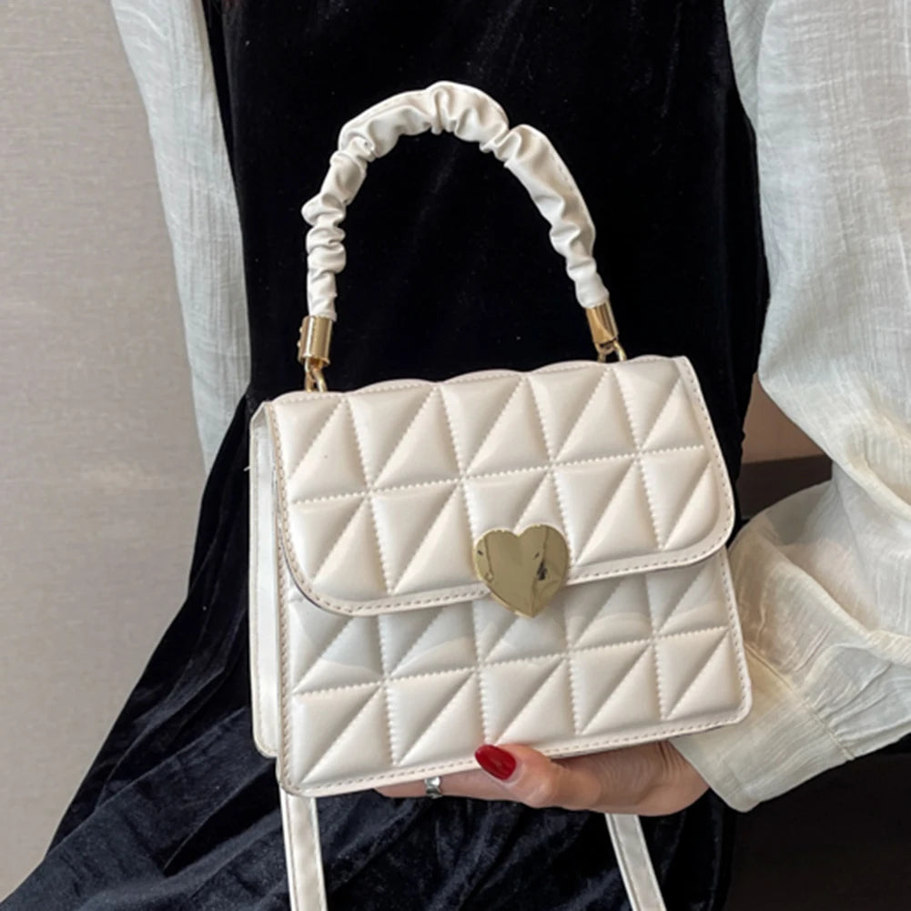 Women Shoulder Bag PU Leather Crossbody Heart Pleated Quilted Tote Handbag
