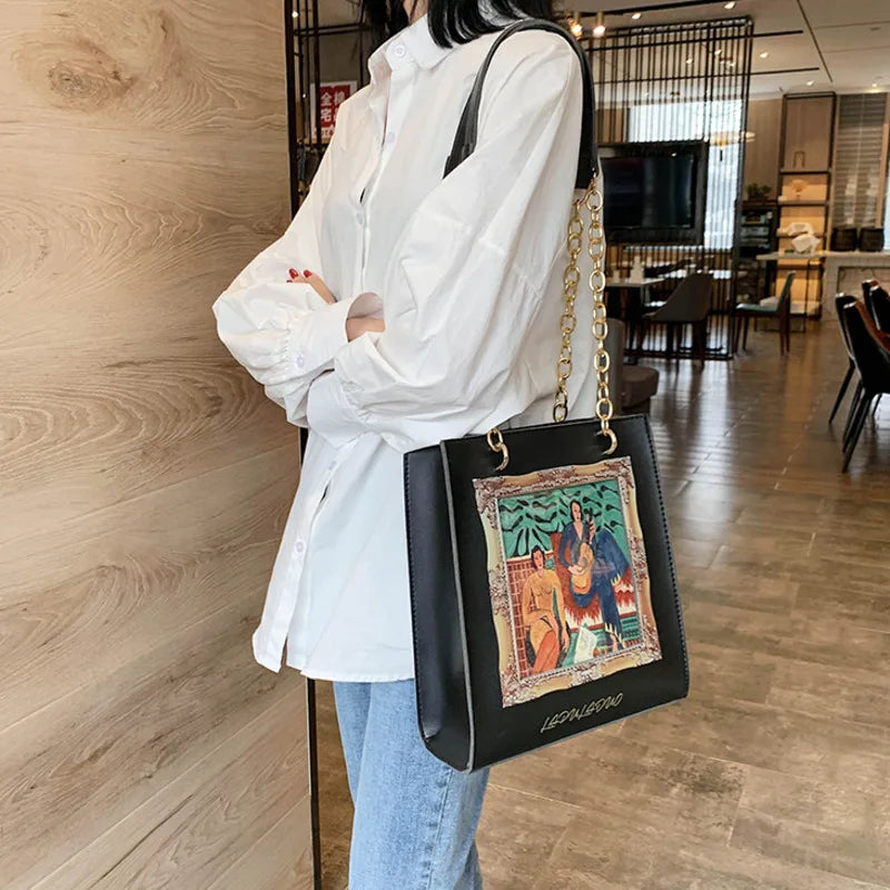 Women Shoulder Bag PU Leather Printed Vintage Oil Painting Pattern Big Handbag